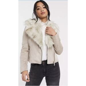River Island Suedette Biker Moto Jacket Womens 4 Petite Faux Fur Collar Beige